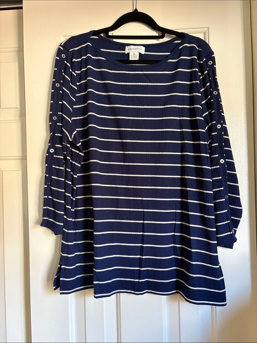 Liz Claiborne Navy and White Striped Long Sleeve Shirt with Sleeve Buttons